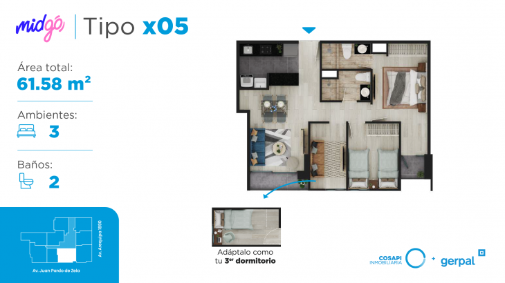Plano del modelo Departamento tipo x05 del proyecto MIDGO en Lince