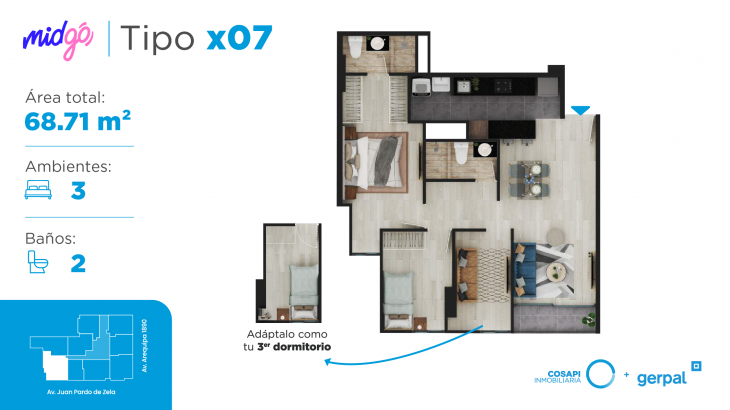 Plano del modelo Departamento tipo x07 del proyecto MIDGO en Lince
