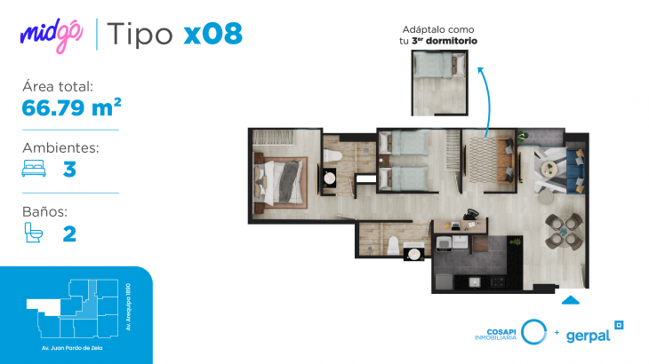 Plano del modelo Departamento tipo x08 del proyecto MIDGO en Lince
