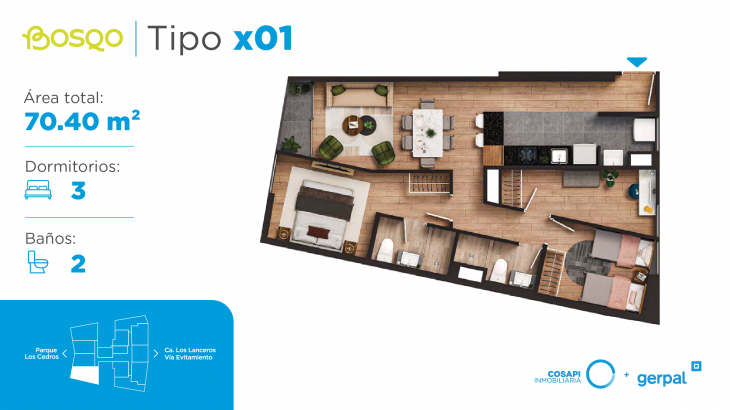 Plano del modelo X01 del proyecto BOSQO en Santiago De Surco