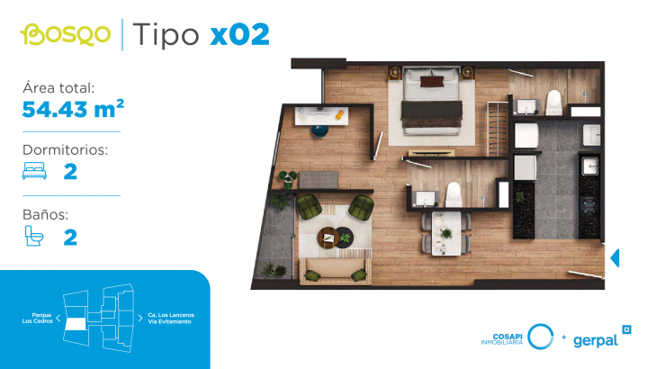 Plano del modelo X02 del proyecto BOSQO en Santiago De Surco