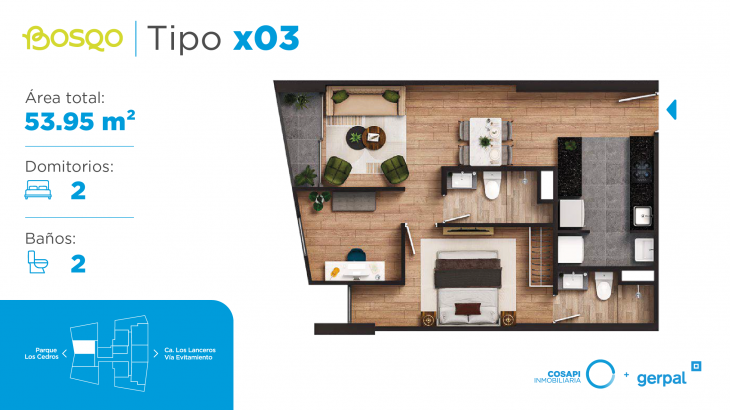Plano del modelo X03 del proyecto BOSQO en Santiago De Surco