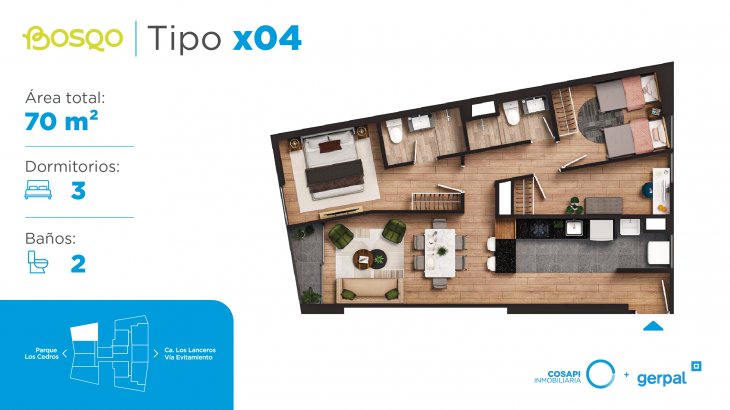 Plano del modelo X04 del proyecto BOSQO en Santiago De Surco