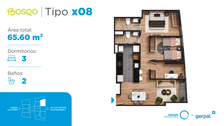 Plano del modelo X08 del proyecto BOSQO en Santiago De Surco