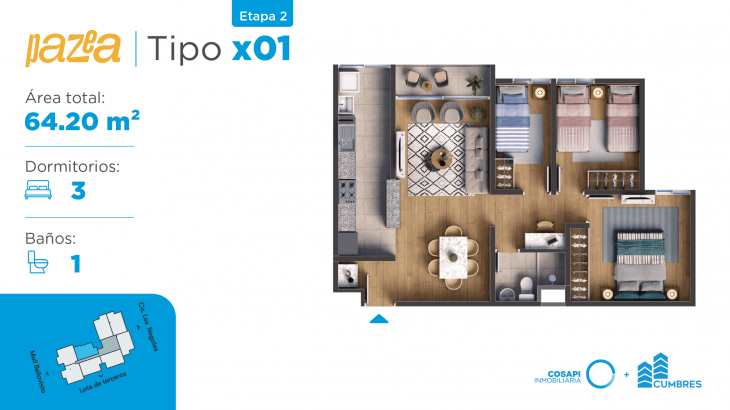 Plano del modelo Departamento tipo BX01 del proyecto PAZEA en Bellavista