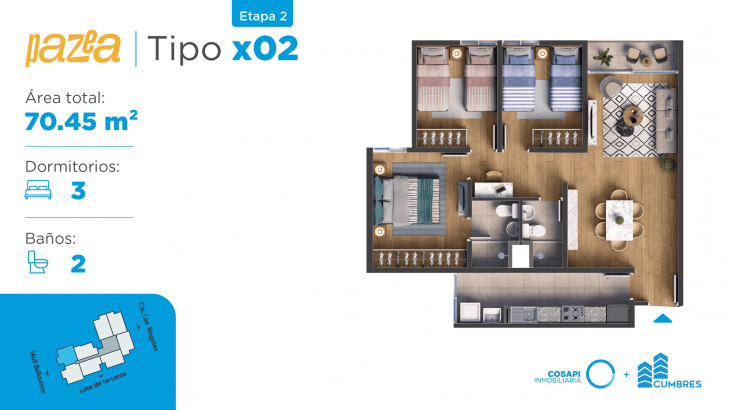 Plano del modelo Departamento tipo BX02 del proyecto PAZEA en Bellavista