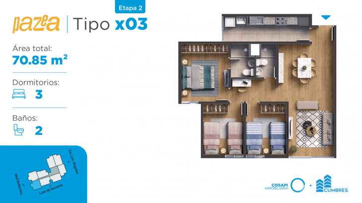 Plano del modelo Departamento tipo BX03 del proyecto PAZEA en Bellavista