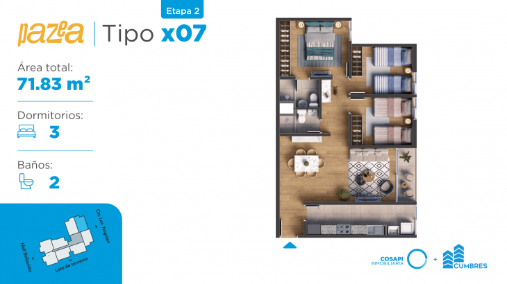 Plano del modelo Departamento tipo BX07 del proyecto PAZEA en Bellavista