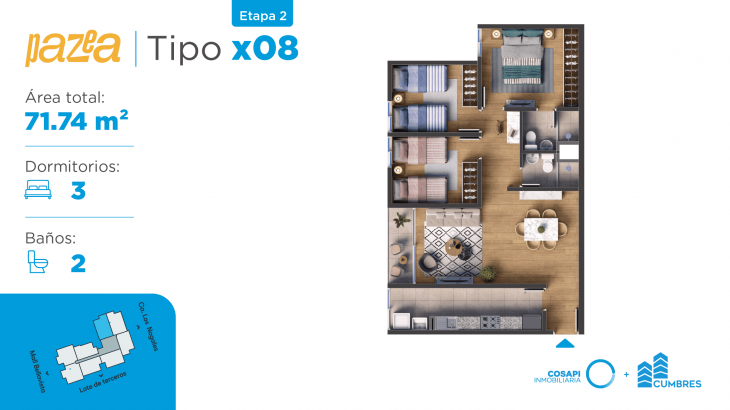 Plano del modelo Departamento tipo BX08 del proyecto PAZEA en Bellavista