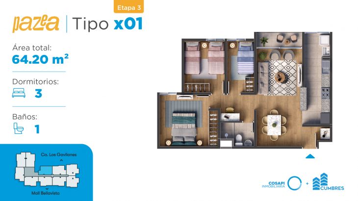 Plano del modelo Departamento tipo CX01 del proyecto PAZEA en Bellavista