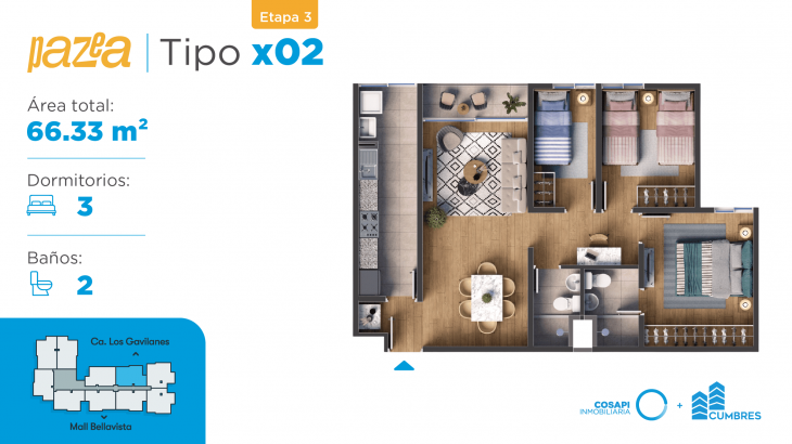 Plano del modelo Departamento tipo CX02 del proyecto PAZEA en Bellavista