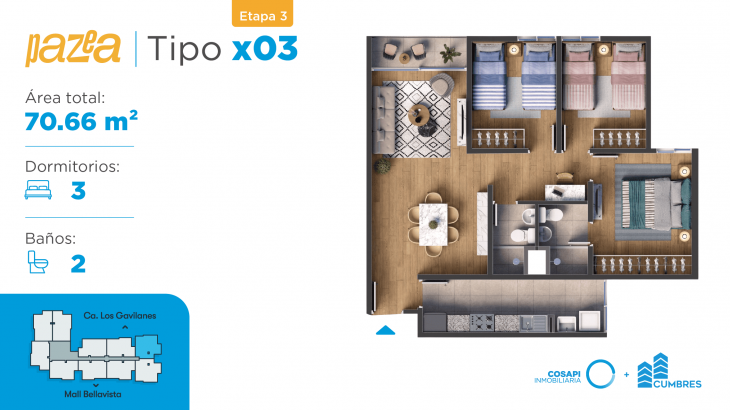 Plano del modelo Departamento tipo CX03 del proyecto PAZEA en Bellavista