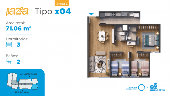 Plano del modelo Departamento tipo CX04 del proyecto PAZEA en Bellavista