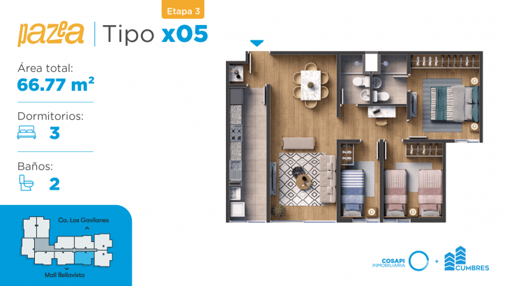 Plano del modelo Departamento tipo CX05 del proyecto PAZEA en Bellavista