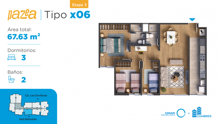 Plano del modelo Departamento tipo CX06 del proyecto PAZEA en Bellavista