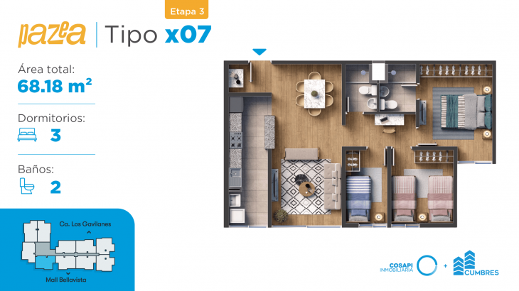 Plano del modelo Departamento tipo CX07 del proyecto PAZEA en Bellavista
