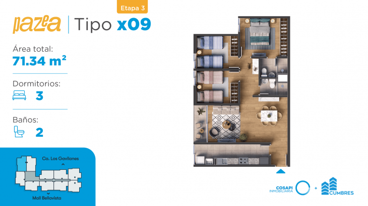 Plano del modelo Departamento tipo CX09 del proyecto PAZEA en Bellavista