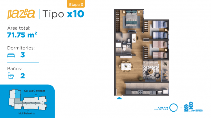 Plano del modelo Departamento tipo CX10 del proyecto PAZEA en Bellavista