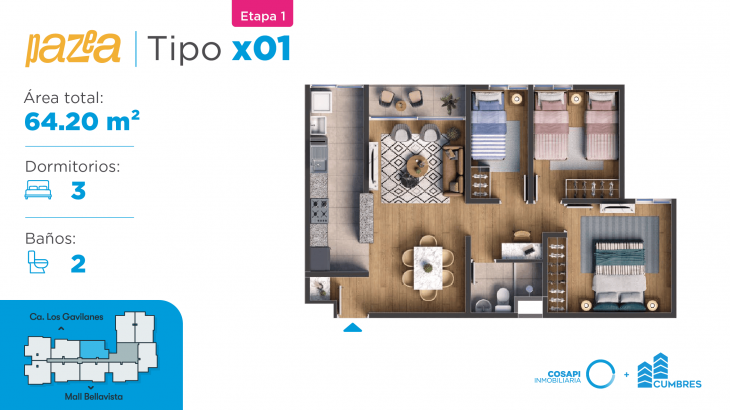 Plano del modelo Departamento tipo X01 del proyecto PAZEA en Bellavista