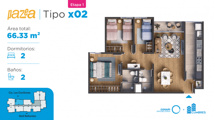 Plano del modelo Departamento tipo X02 del proyecto PAZEA en Bellavista