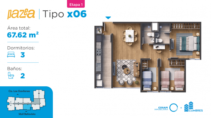 Plano del modelo Departamento tipo X06 del proyecto PAZEA en Bellavista
