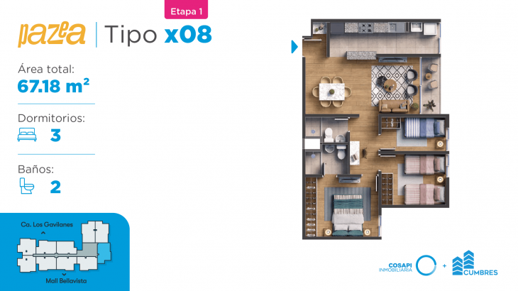 Plano del modelo Departamento tipo X08 del proyecto PAZEA en Bellavista