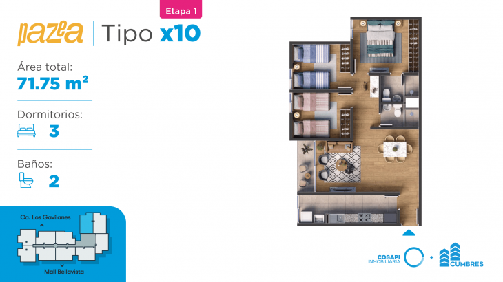 Plano del modelo Departamento tipo X10 del proyecto PAZEA en Bellavista