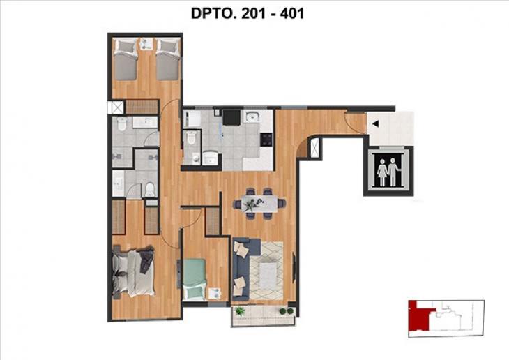 Plano del modelo TIPO C del proyecto RDC 525 - SURCO en Santiago De Surco