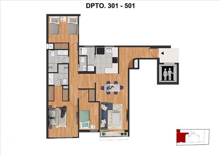 Plano del modelo TIPO F del proyecto RDC 525 - SURCO en Santiago De Surco