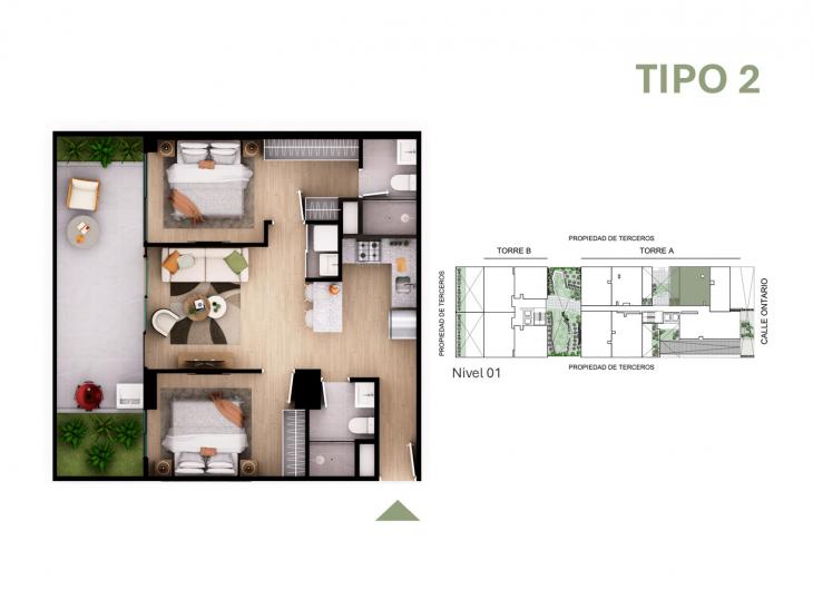 Plano del modelo Tipo 2 del proyecto Orquídeas en Chorrillos