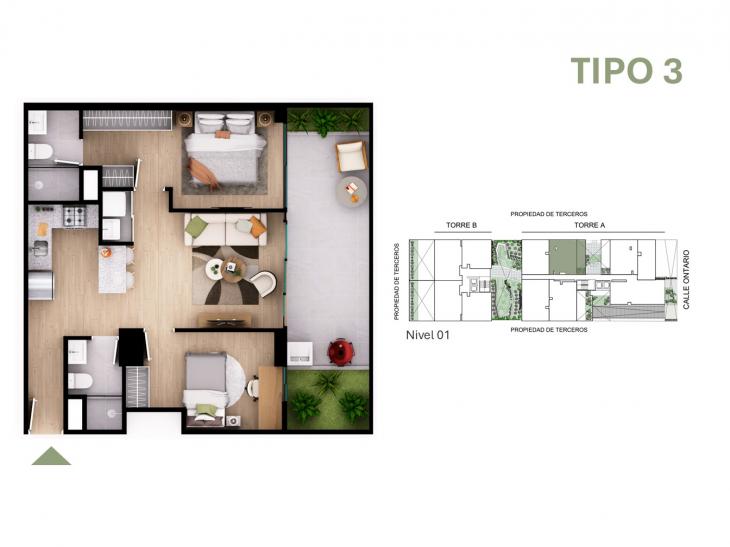 Plano del modelo Tipo 3 del proyecto Orquídeas en Chorrillos