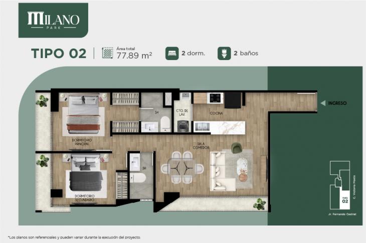 Plano del modelo Tipo 02 del proyecto Milano Park en Santiago De Surco