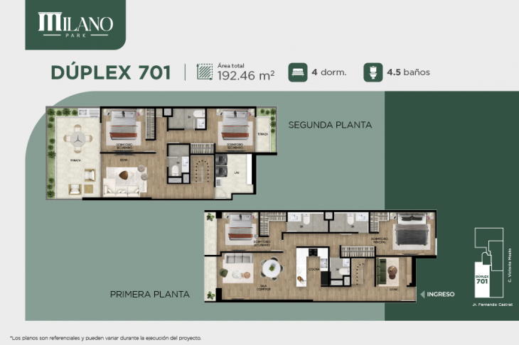 Plano del modelo Dúplex 701 del proyecto Milano Park en Santiago De Surco