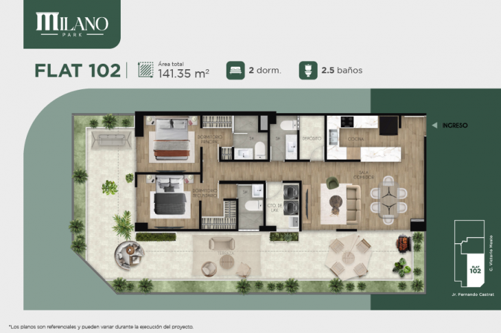 Plano del modelo Dpto. 102 del proyecto Milano Park en Santiago De Surco