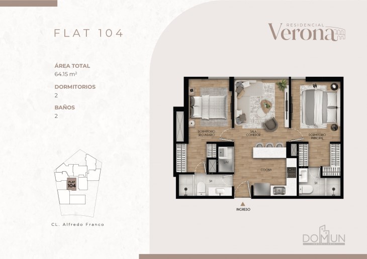 Plano del modelo Dpto. 104 del proyecto Residencial Verona en Santiago De Surco