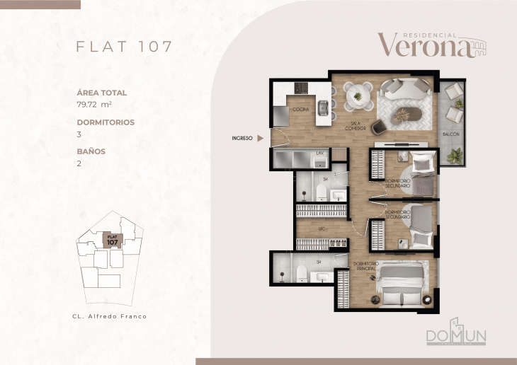 Plano del modelo Dpto. 107 del proyecto Residencial Verona en Santiago De Surco