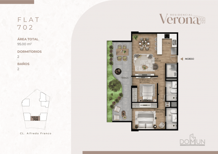Plano del modelo Flat 702 del proyecto Residencial Verona en Santiago De Surco
