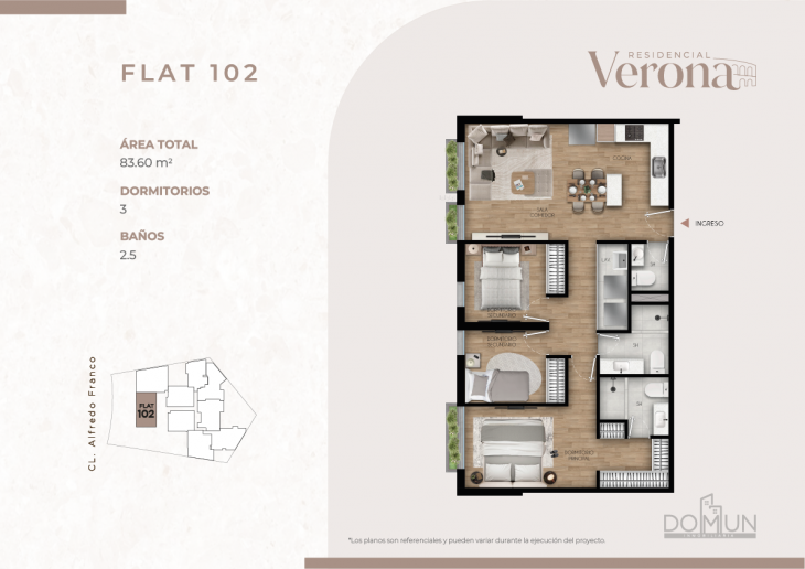 Plano del modelo Dpto. 102 del proyecto Residencial Verona en Santiago De Surco