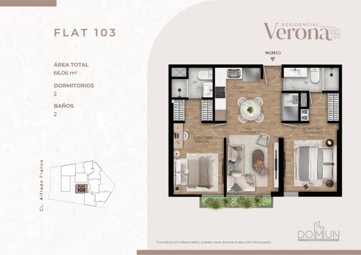 Plano del modelo Dpto. 103 del proyecto Residencial Verona en Santiago De Surco