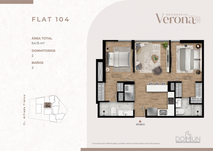 Plano del modelo Dpto. 104 del proyecto Residencial Verona en Santiago De Surco
