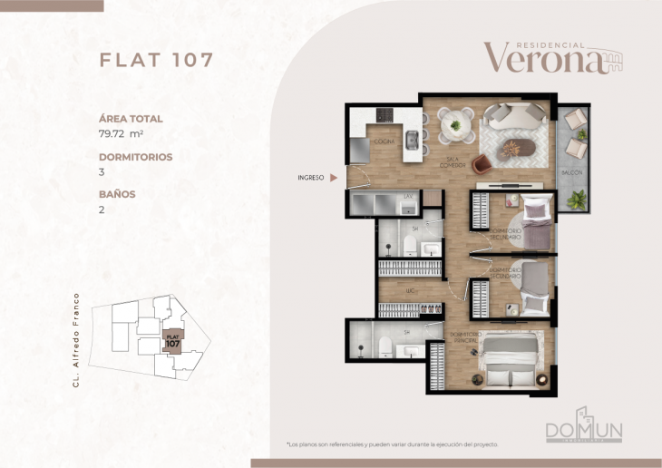Plano del modelo Dpto. 107 del proyecto Residencial Verona en Santiago De Surco
