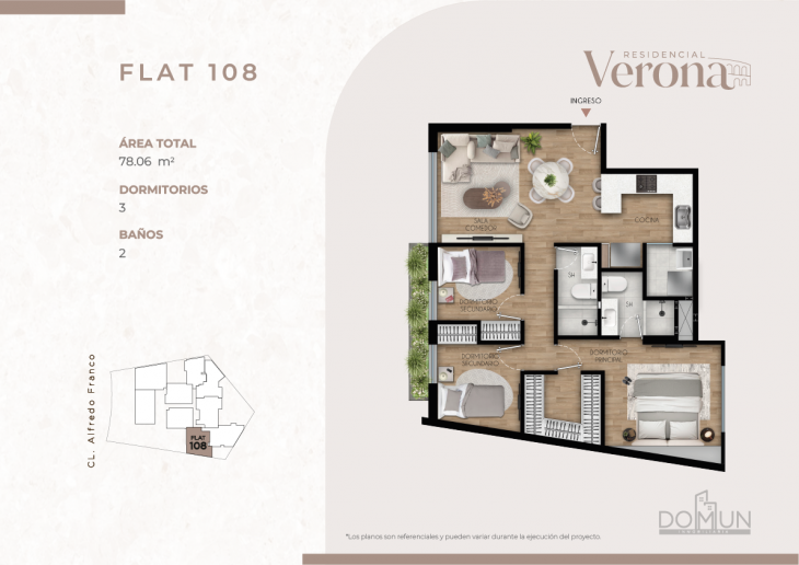 Plano del modelo Dpto. 108 del proyecto Residencial Verona en Santiago De Surco