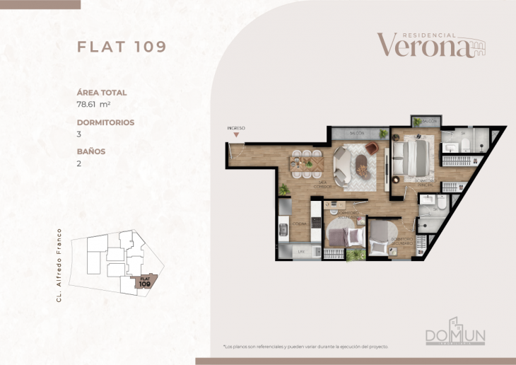 Plano del modelo Dpto. 109 del proyecto Residencial Verona en Santiago De Surco