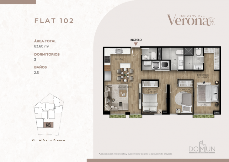 Plano del modelo Dpto. 102 del proyecto Residencial Verona en Santiago De Surco