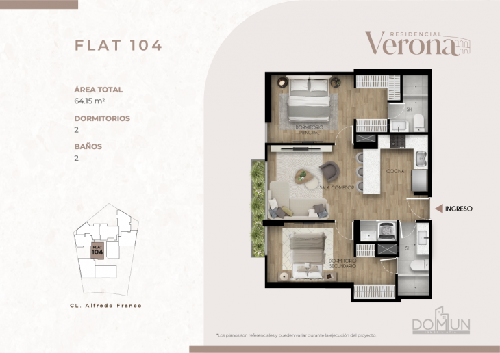 Plano del modelo Dpto. 104 del proyecto Residencial Verona en Santiago De Surco