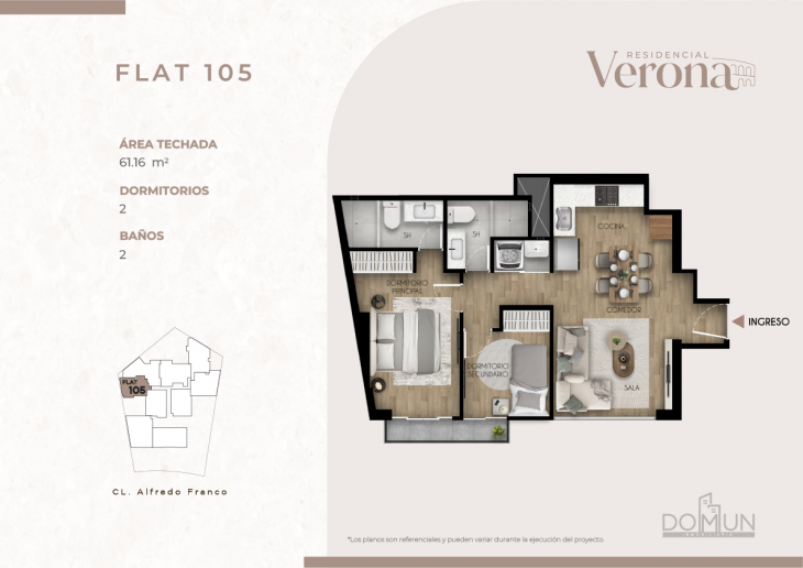Plano del modelo Dpto. 105 del proyecto Residencial Verona en Santiago De Surco