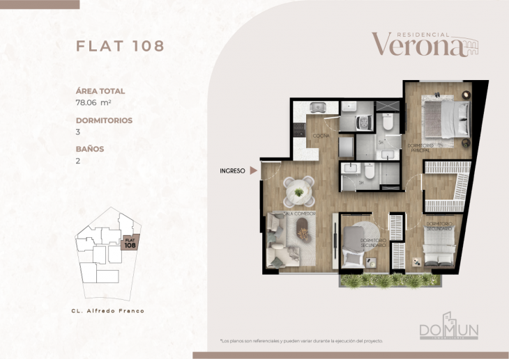 Plano del modelo Dpto. 108 del proyecto Residencial Verona en Santiago De Surco