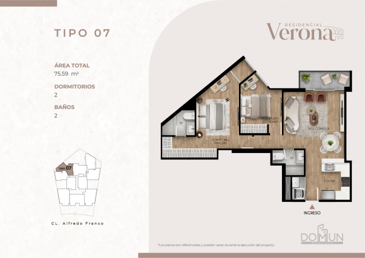 Plano del modelo Dpto. 107 del proyecto Residencial Verona en Santiago De Surco