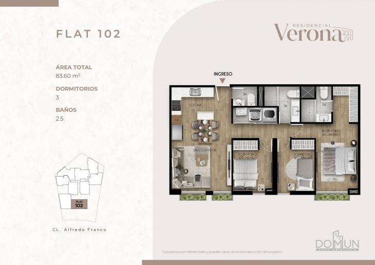Plano del modelo Dpto. 102 del proyecto Residencial Verona en Santiago De Surco