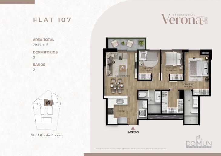 Plano del modelo Dpto. 107 del proyecto Residencial Verona en Santiago De Surco